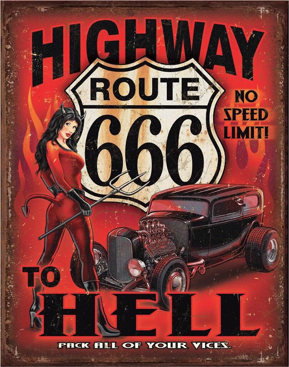 Desperate Enterprises Route 666 - Highway To Hell Tin Sign - Nostalgic Vintage Metal Wall Decor - Made In Usa