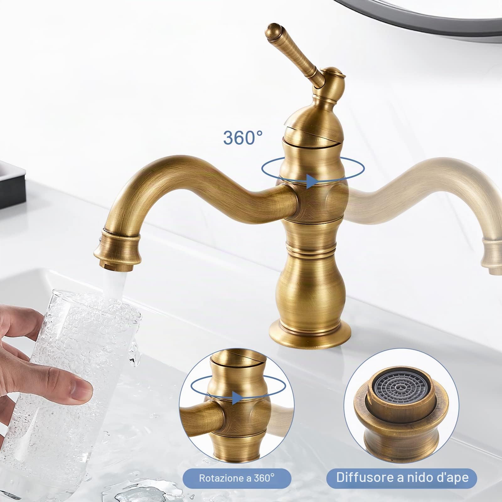 kisimixer Rubinetto Bagno Lavabo Ottone Antico, Miscelatore Lavabo Bagno Vintage Girevole a 360°, Rubinetto Bagno Monocomando Con Finitura Dorata Sterile, Calda e Fredda del Rubinetto