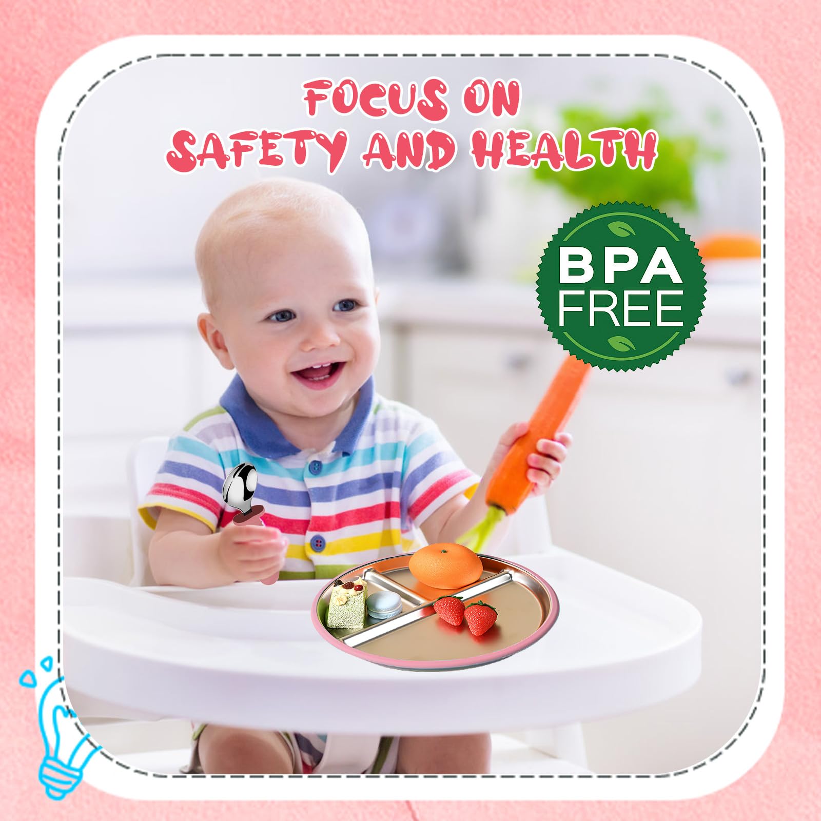 3er-Set Baby Edelstahl Schalen mit Silikon-Saugnapf & Löffel | Set Edelstahl Baby Teller mit Saugnapf Babybesteck Geteilte Kinderteller mit Löffel und Gabel, BPA-frei, Baby Geschirrset