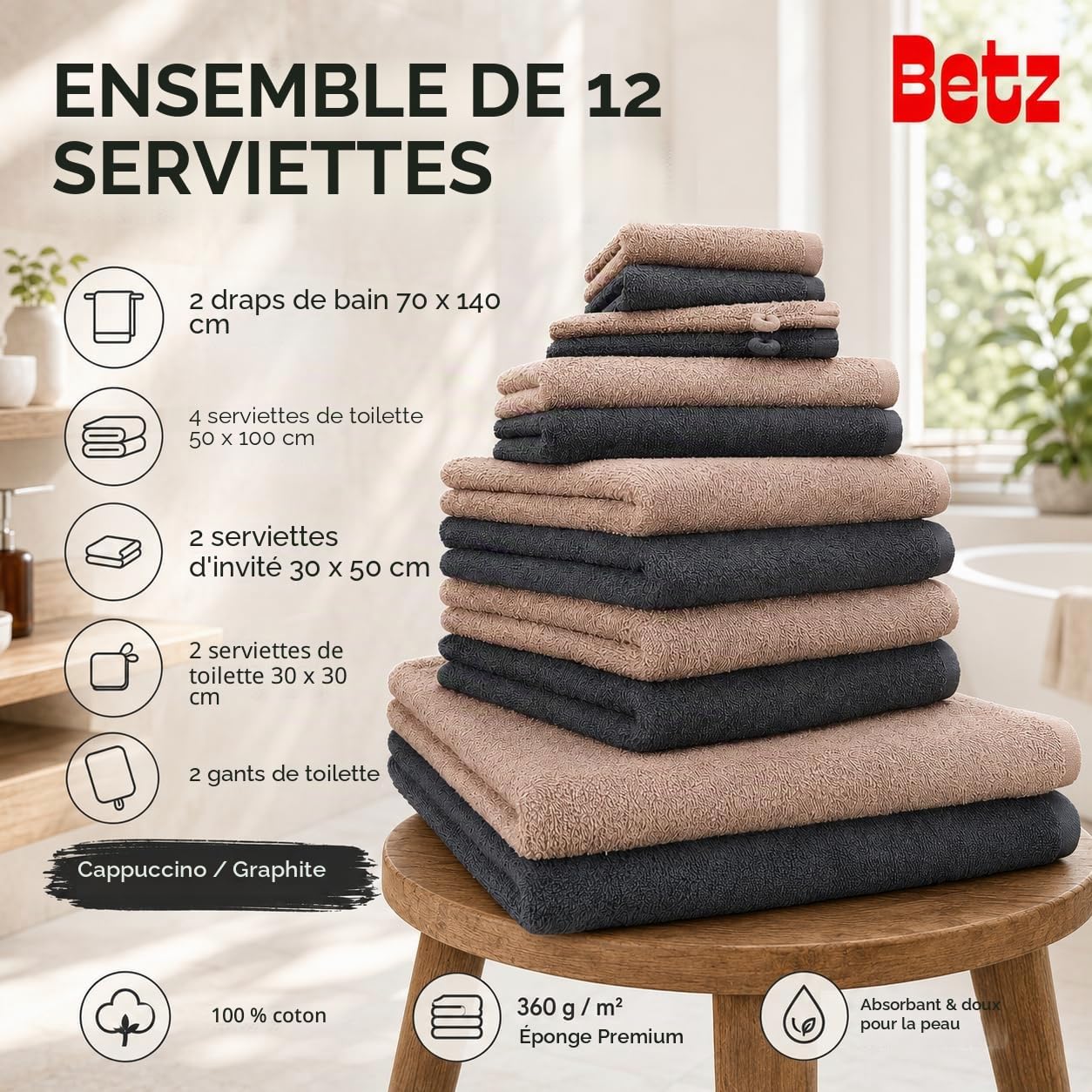 Betz Lot de 12 Serviettes Berlin 100% Coton 2 draps de Bain 4 Serviettes de Toilette 2 Serviettes d'invité 2 lavettes et 2 Gants Couleur Cappuccino - Graphite