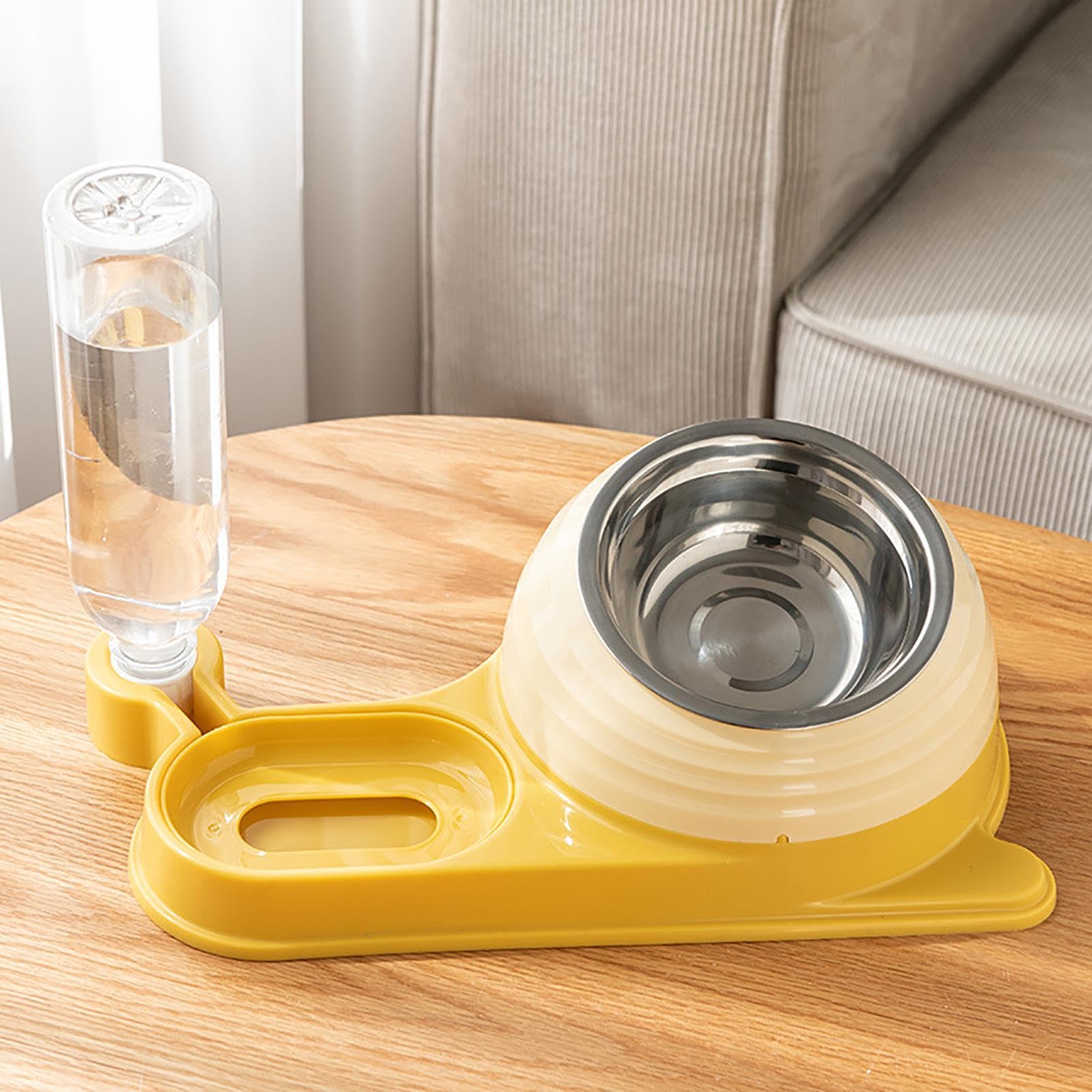 Mangiatoia per animali domestici, Ciotola for gatti con distributore d'acqua - for bottiglia | Set di ciotole for acqua e cibo for animali domestici inclinate stabili(Yellow)