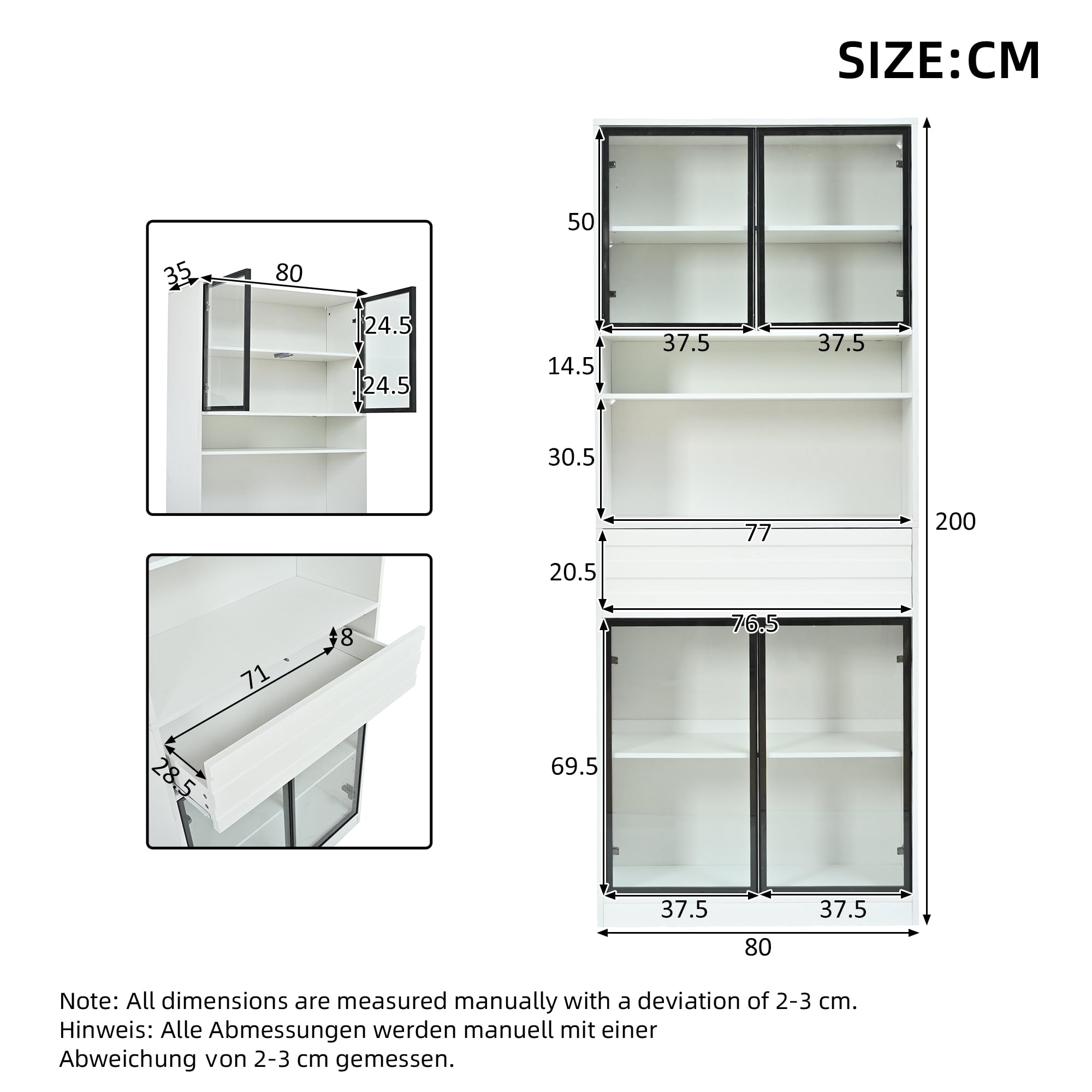 Vetrina da 80 x 35 x 200 cm, in MDF, libreria con 4 ante in vetro