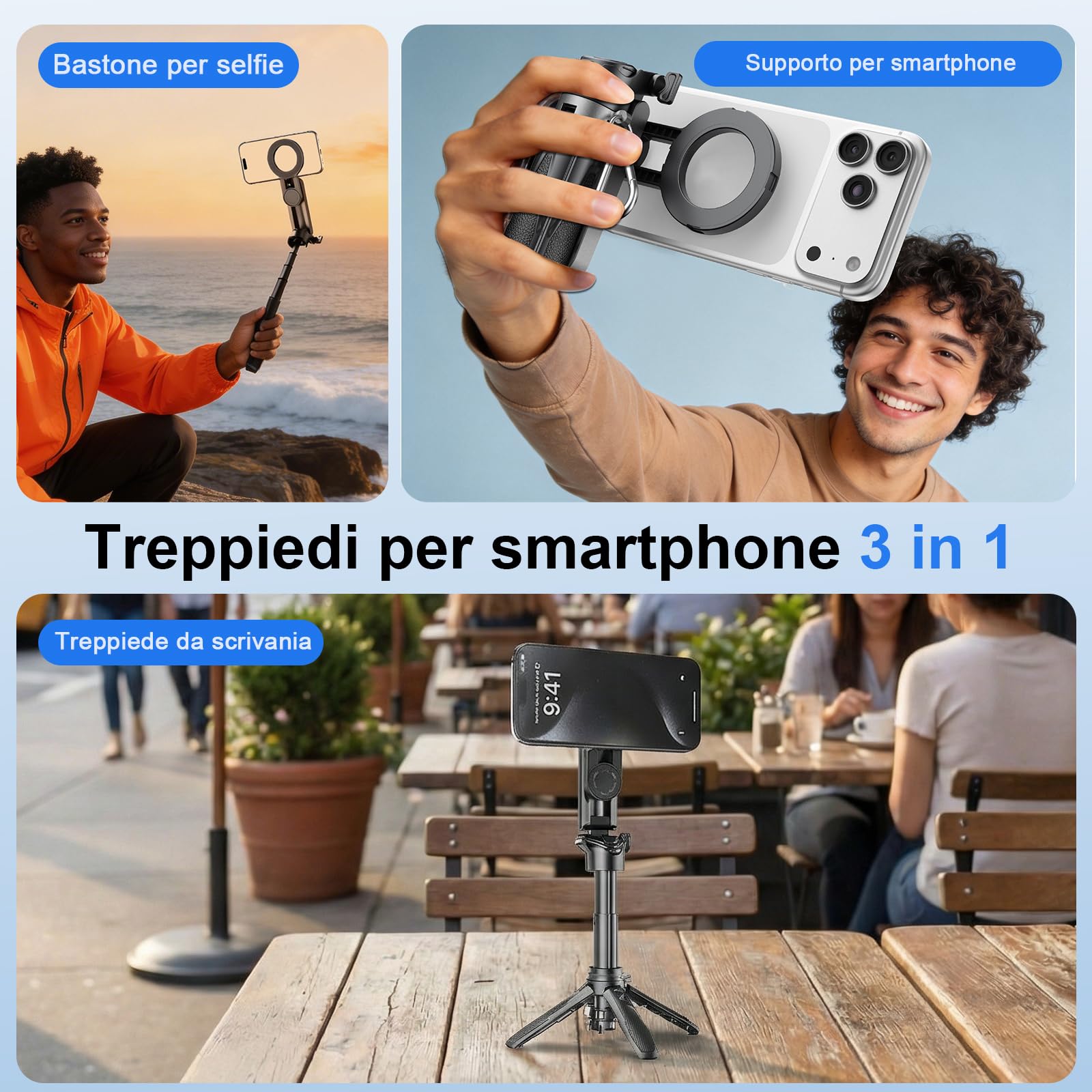 Treppiede magnetico mini 4-in-1 per smartphone, bastone selfie con telecomando Bluetooth rimovibile, zoom regolabile, slitta fredda, per iPhone e Android – pieghevole, ideale per vlog/fotografia