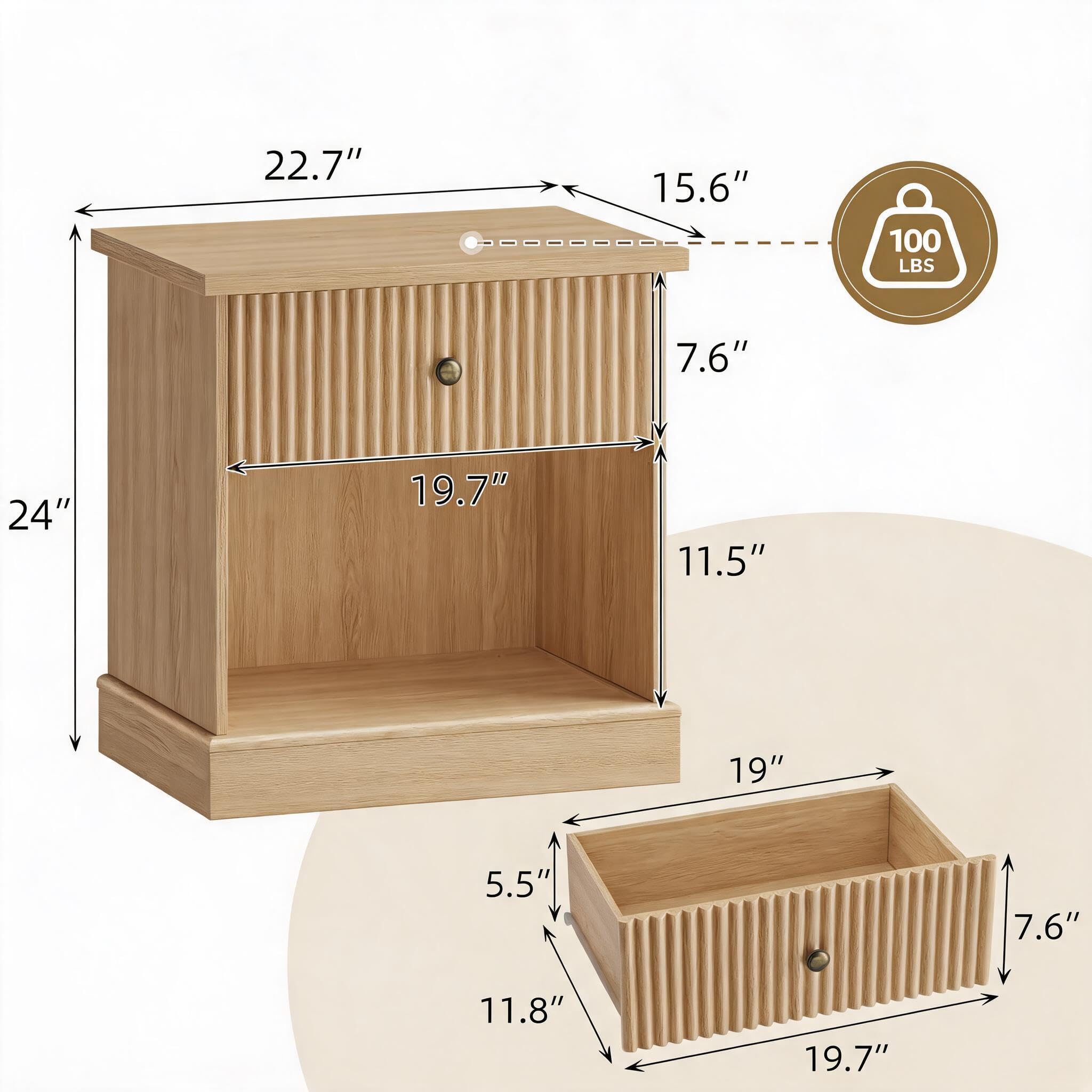 GarveeHome Comodino Scanalato Con Cassetto e Ripiano Aperto, Comodino/Tavolino in Stile Mid-Century Modern, in MDF, Finitura Rovere Naturale, Tavolino Da Camera Da Letto Compatto e Salvaspazio