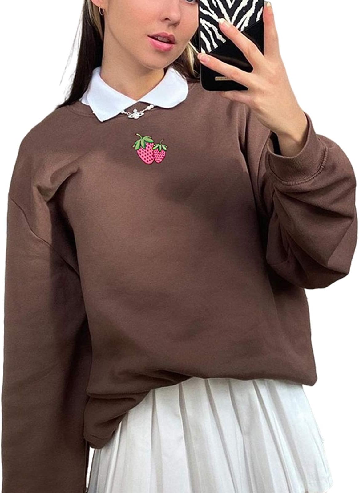 Women Vintage Long Sleeve Embroidery Strawberry Letter Crewneck Brown Oversize Sweatshirts