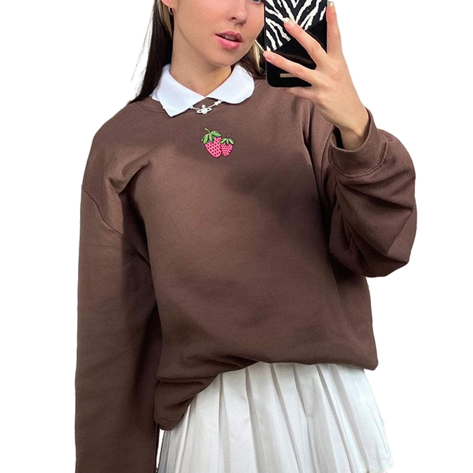 Women Vintage Long Sleeve Embroidery Strawberry Letter Crewneck Brown Oversize Sweatshirts