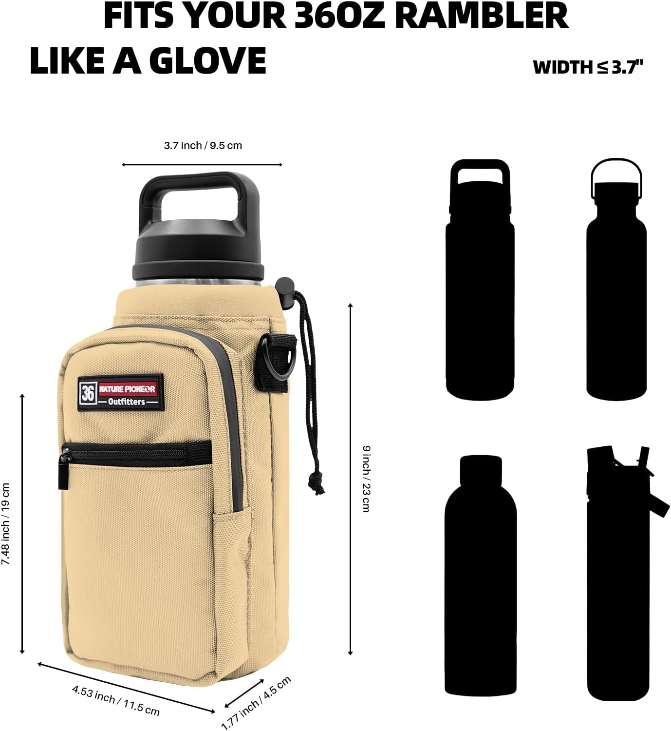 NATURE PIONEOR Water Bottle Holder with Adjustable Strap - 26/32/36/40/46/64oz Insulated Water Bottle Sling Carrier with Paracord Handle & 2 Pockets, Outdoor Sports, Hiking, Camping, Gym - Image 3