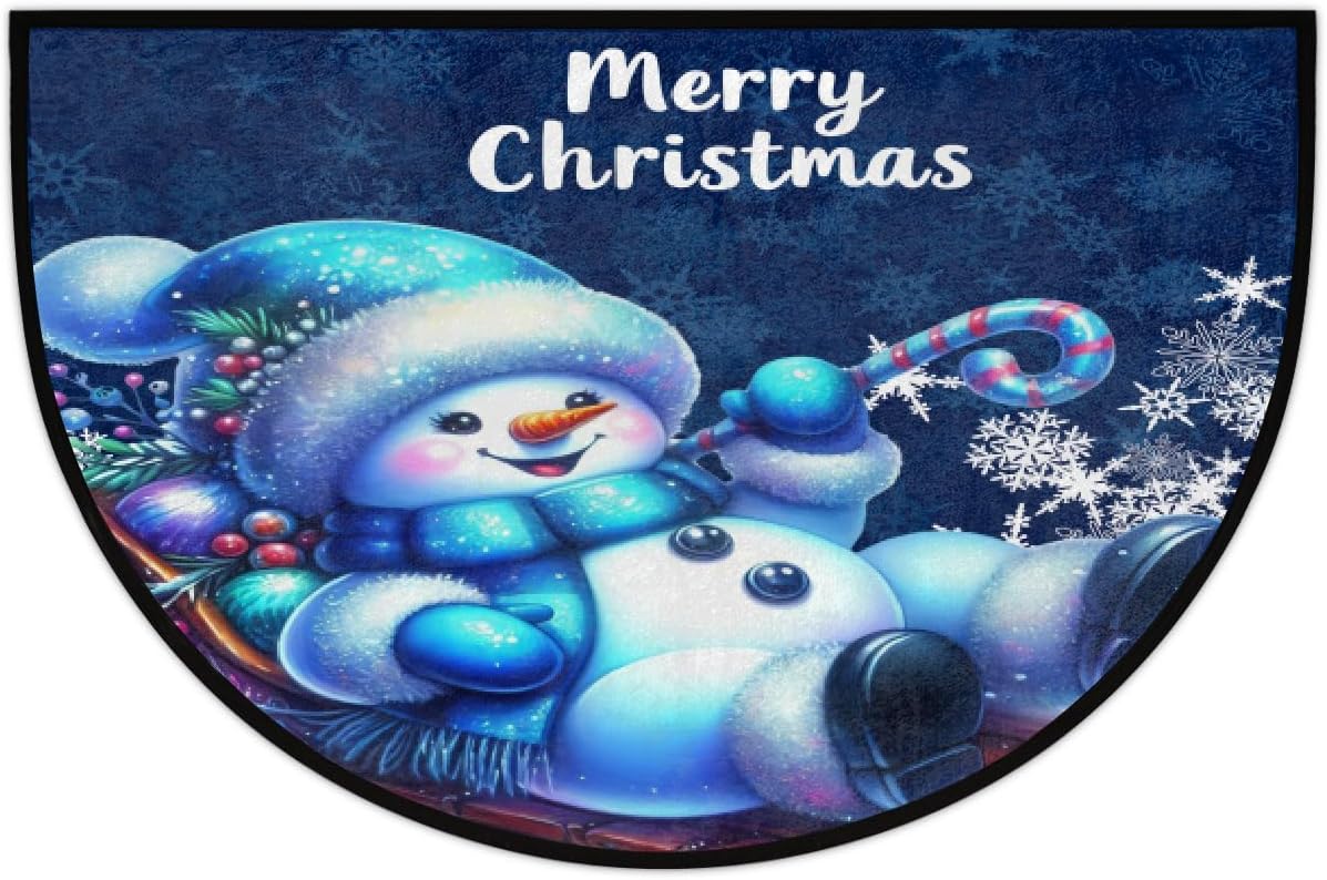 Christmas Half Round Doormat Non-Slip Christmas Semi Circle Rug Washable Absorbent Half Moon Mat for Indoor Outdoor Entrance Kitchen Bathroom Sink Welcome Fireplace Floor Rug Christmas Snowman Decor