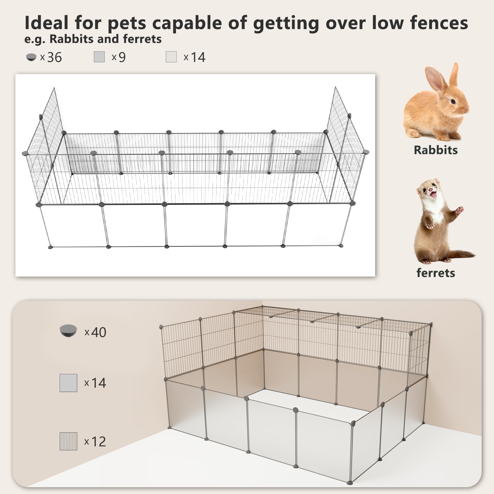 Kaninchen Laufstall Innen, DIY Kleintier Haustier Laufstall Indoor & Outdoor Tragbarer Metalldraht/Transparent Klar Haustier Zaun Hofzaun für Meerschweinchen, Hase, Frettchen, Kätzchen,