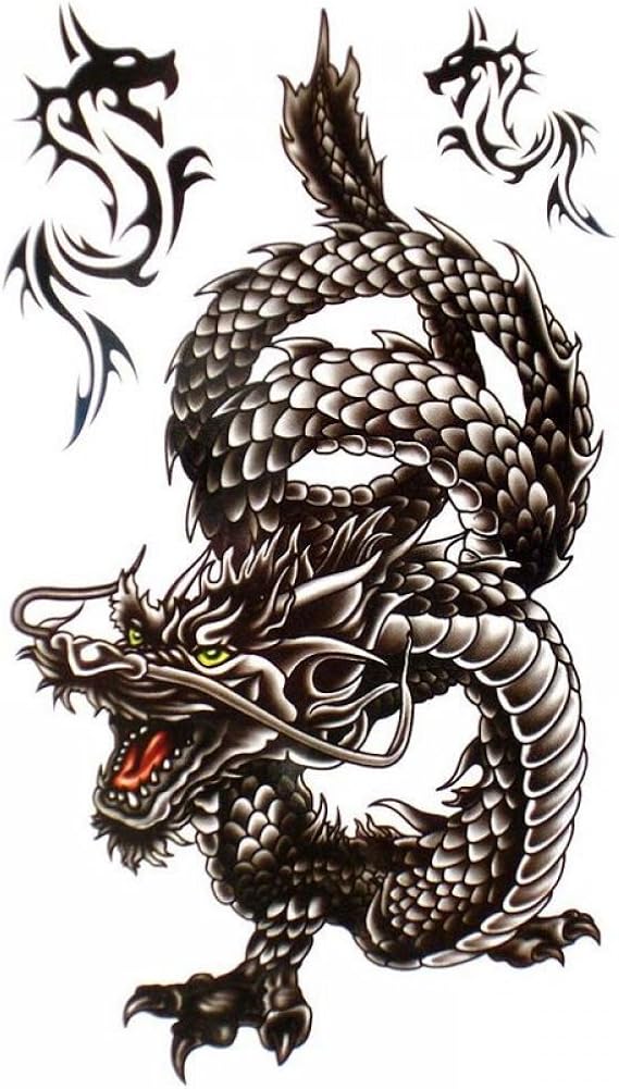Amazon 防水 タトゥーステッカー ブラック ドラゴン 格好いい男性用デザイン ファッション小物 通販