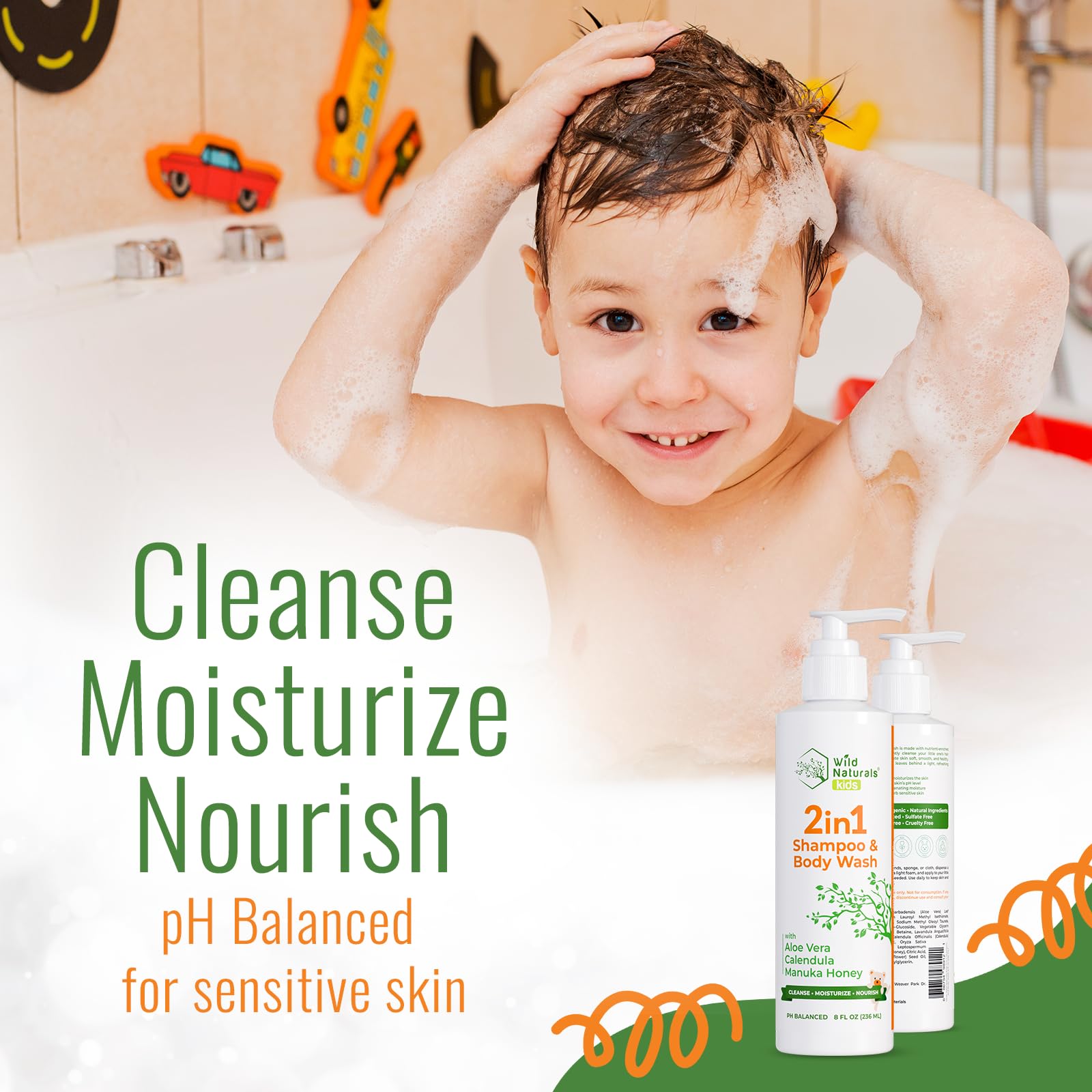 Wild Naturals Champú y gel de ducha para bebés con eccema, gel de ducha suave para niños con aloe, caléndula y miel de manuka, fórmula natural, hipoalergénico, sin irritación, para seco y