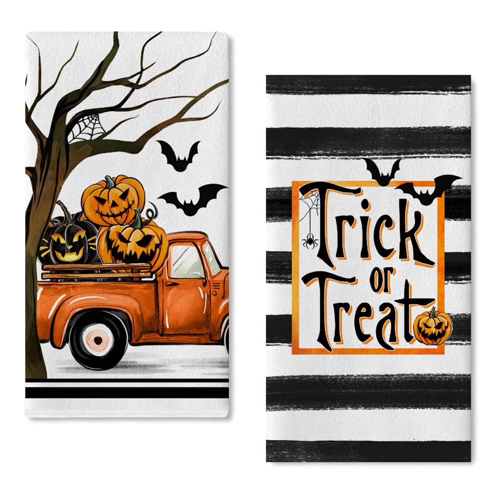 Seliem Halloween Trick or Treat Kitchen Dish Towels Set of 2, Jack O Lantern Pumpkin Truck Hand Towels Stripes Drying Baking Cooking Cloth, Spooky Bat Holiday Funny Home Kitchen Decor 18x26 Inch