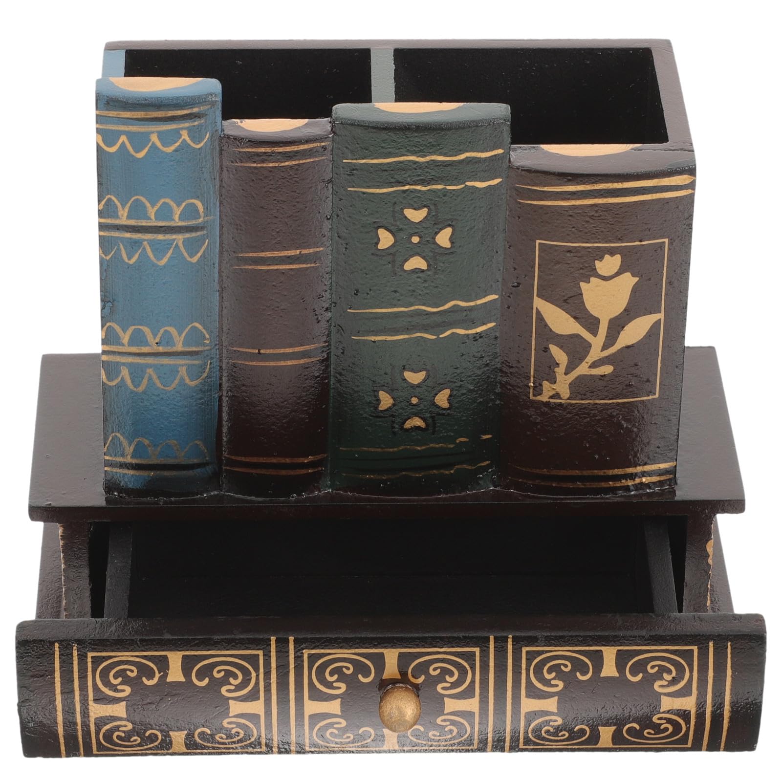 PRETYZOOM Portapenne da Scrivania in Legno Stile Retrò Scomparto a Cassetto, Organizer Porta Cancelleria Multifunzione per Ufficio, Scuola e Casa, Decorazione Creativa a Forma di Libro