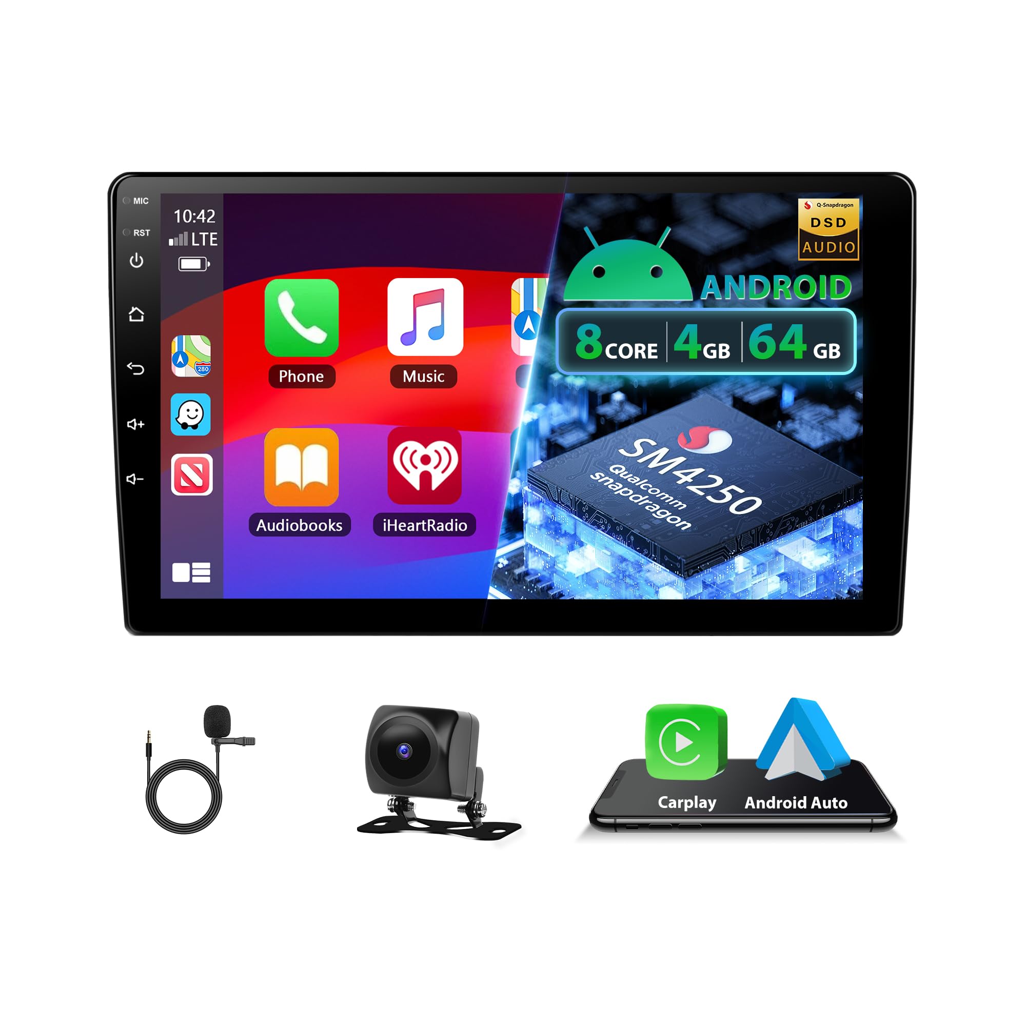 8 Núcleo 1.8GHz 4+64G Qualcomm Chipset 2 DIN Autoradio, 9" Android Radio Kabelloses Carplay/Android Auto Pantalla táctil con GPS/Bluetooth/SWC/FM/RDS/WiFi/USB Radio Receptor+Cámara Trasera