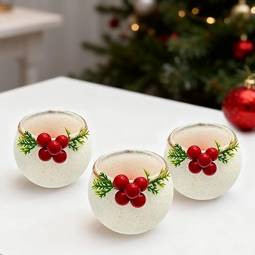 Miniatura 5 de Juego de 6 portavelas votivas de Navidad con hojas de pino nevadas y bayas rojas, candelabros de cristal de Navidad para decoración de mesa de