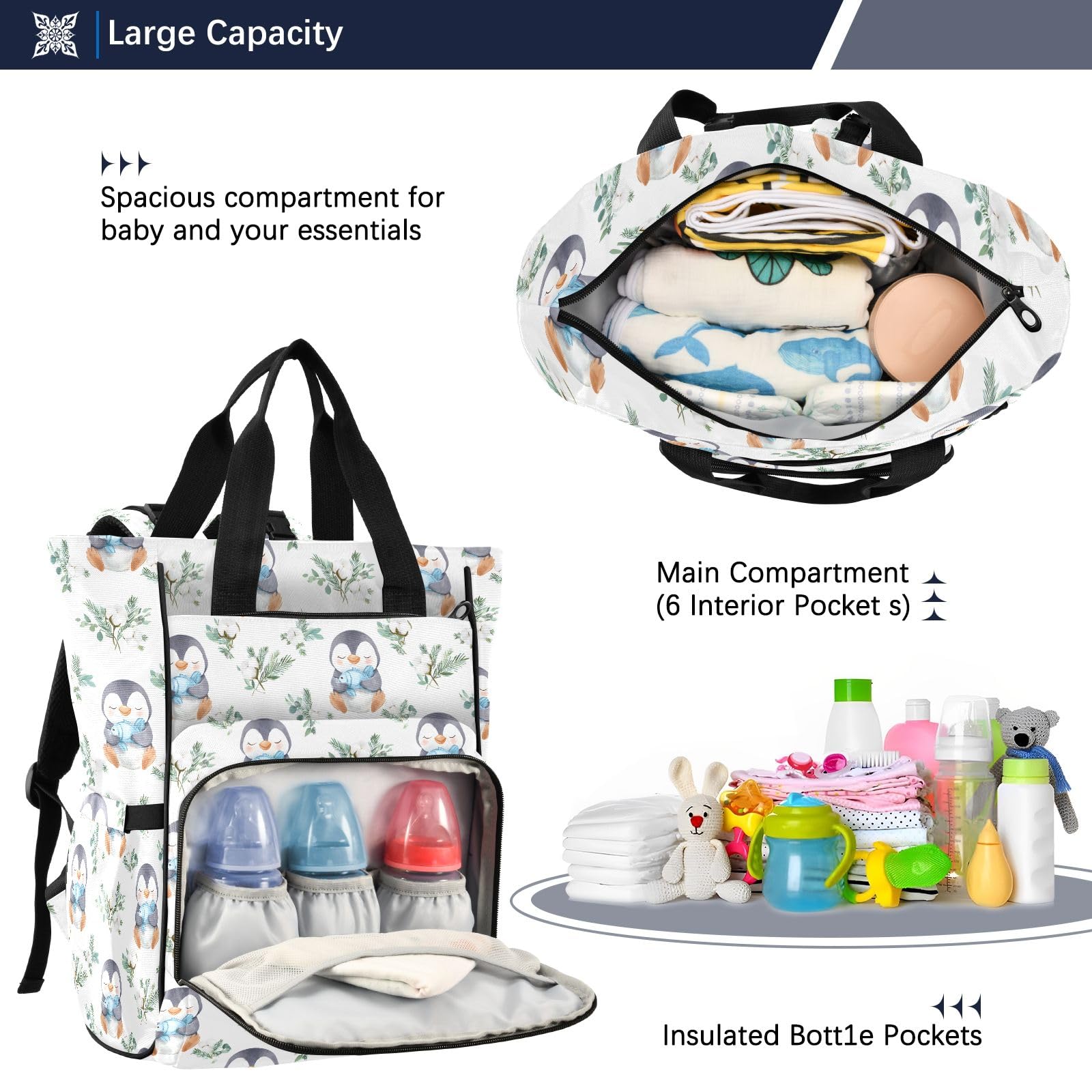 Mnsruu Sac à dos à langer imperméable avec motif de pingouin tenant un poisson pour les mamans et les papas