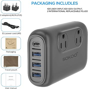 SOKOO 220v to 110v Voltage Converter, International Travel Adapter