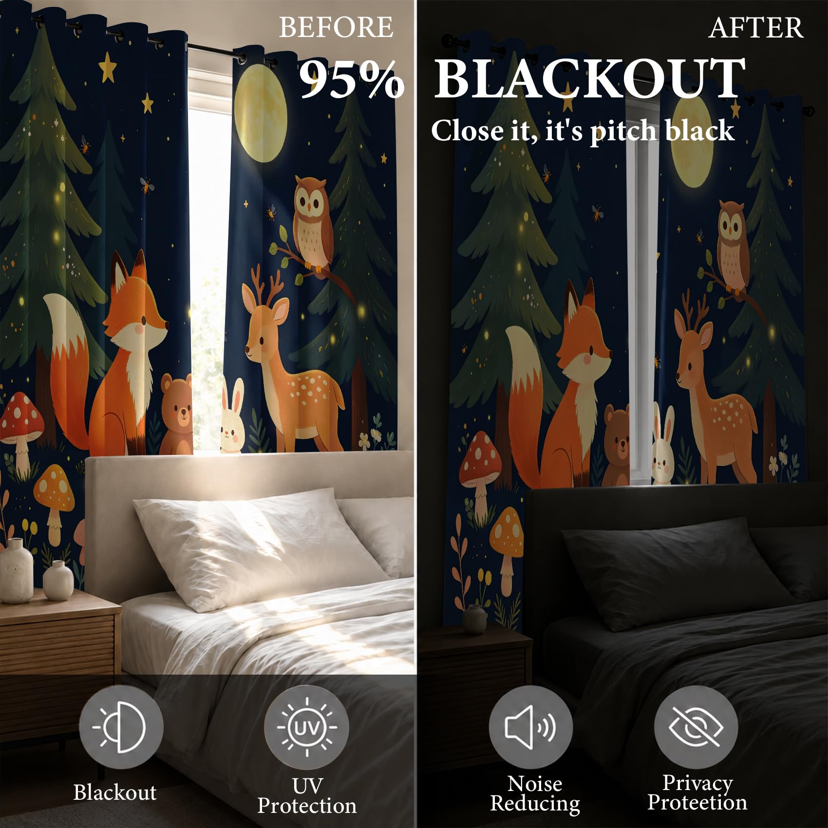 Generisch Cartoon Waldtiere Blickdichte Vorhänge mit Ösen 2 Stücke | Nacht Wald Wildtiere Thermovorhang Verdunkelung, Deko Gardinen für Schlafzimmer Wohnzimmer Kinderzimmer 214 x 132 (HxB)