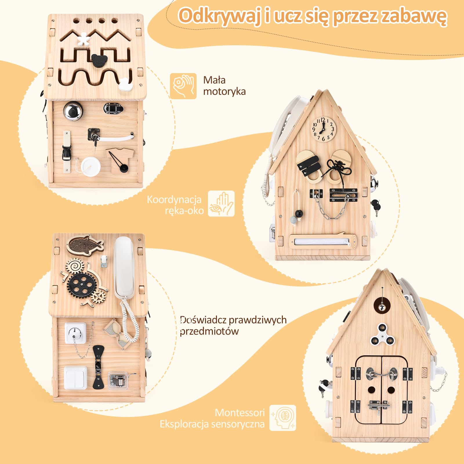 Montessori Drewniany Busy House Tablica Manipulacyjna Zabawka dla Małych Dzieci, Przedszkolna Zabawka Edukacyjna, Tablica Sensoryczna do Rozwoju Motoryki Małej, Prezent dla Chłopców i Dziewczynek