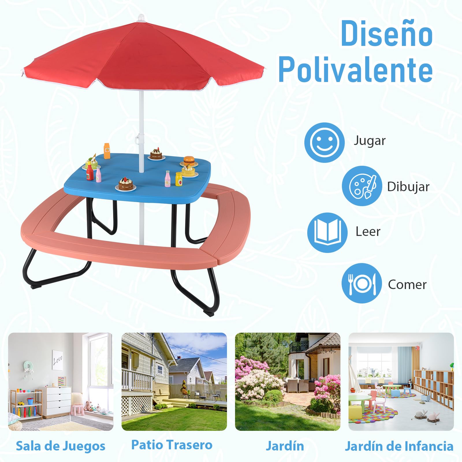 COSTWAY Mesa de Picnic para Niños, Mesa de Actividades con Sombrilla Ajustable y Plegable, 4 Bancos Incorporados para hasta 8 Niños, Juego de Mesita de Picnic de HDPE con Marco Metálica (Azul+Rojo)