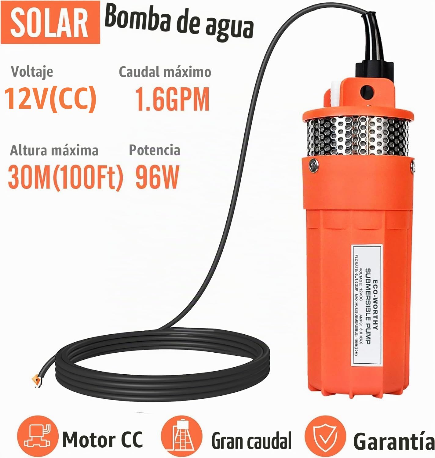 DCHOUSE Bomba Solar 12V para Pozo Profundo, Bomba Sumergible 96W con Panel Solar 100W, Ideal para Riego y Suministro de Agua