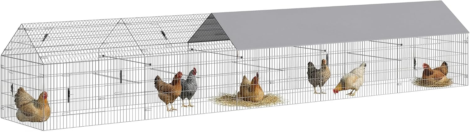 PawHut Metal Chicken Coop, Large Chicken Run with Water-Resistant & Anti-UV Cover for 7-9 Hens, Outdoor Hen House Rabbit Hutch with 10 Doors for Duck, Small Animal, for Backyard, 21' x 3.5' x 3.6'