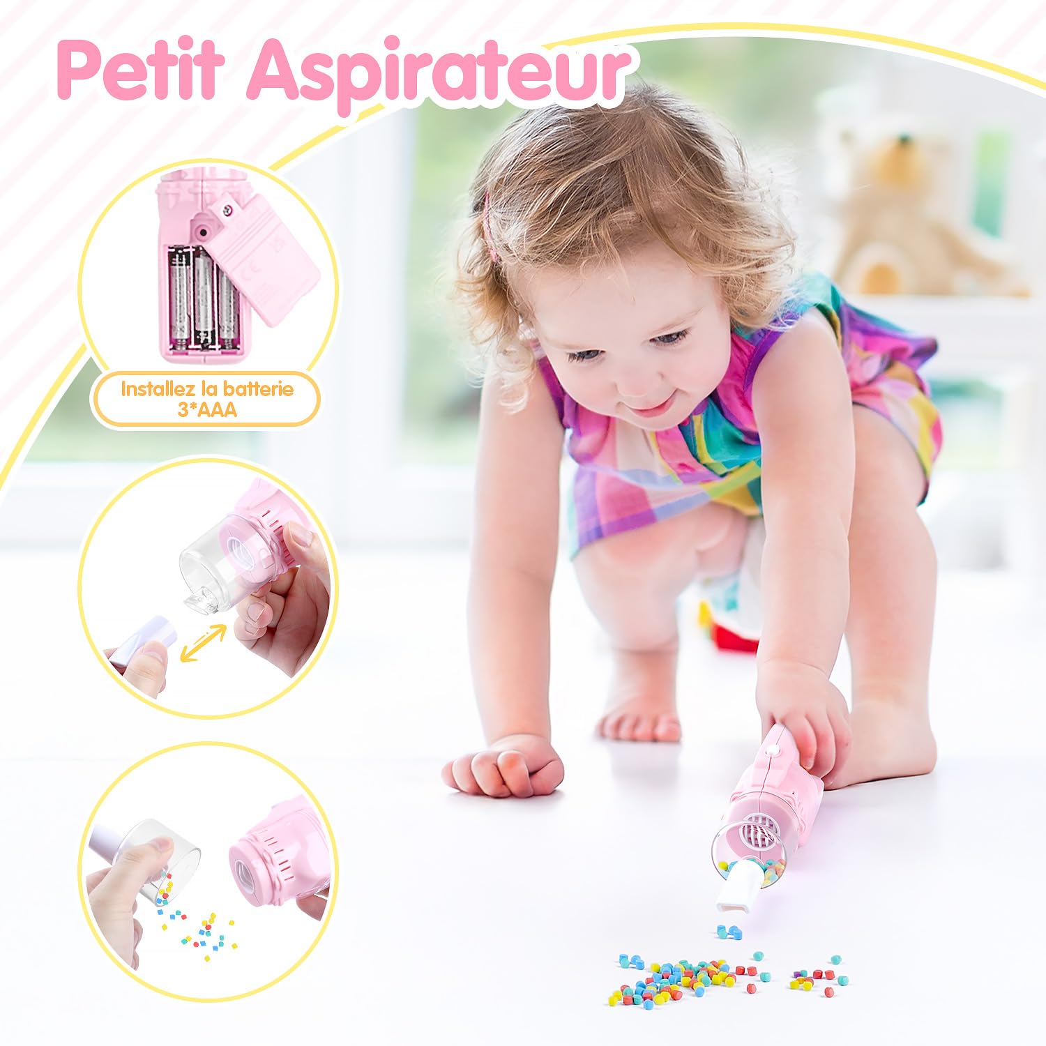PLAY 2 en 1 Aspirateur Enfant Jouet Set avec des Particules EVA, des Effets d'aspiration et Sonores, Kit Menage pour Enfants 3+ Ans (Rose)