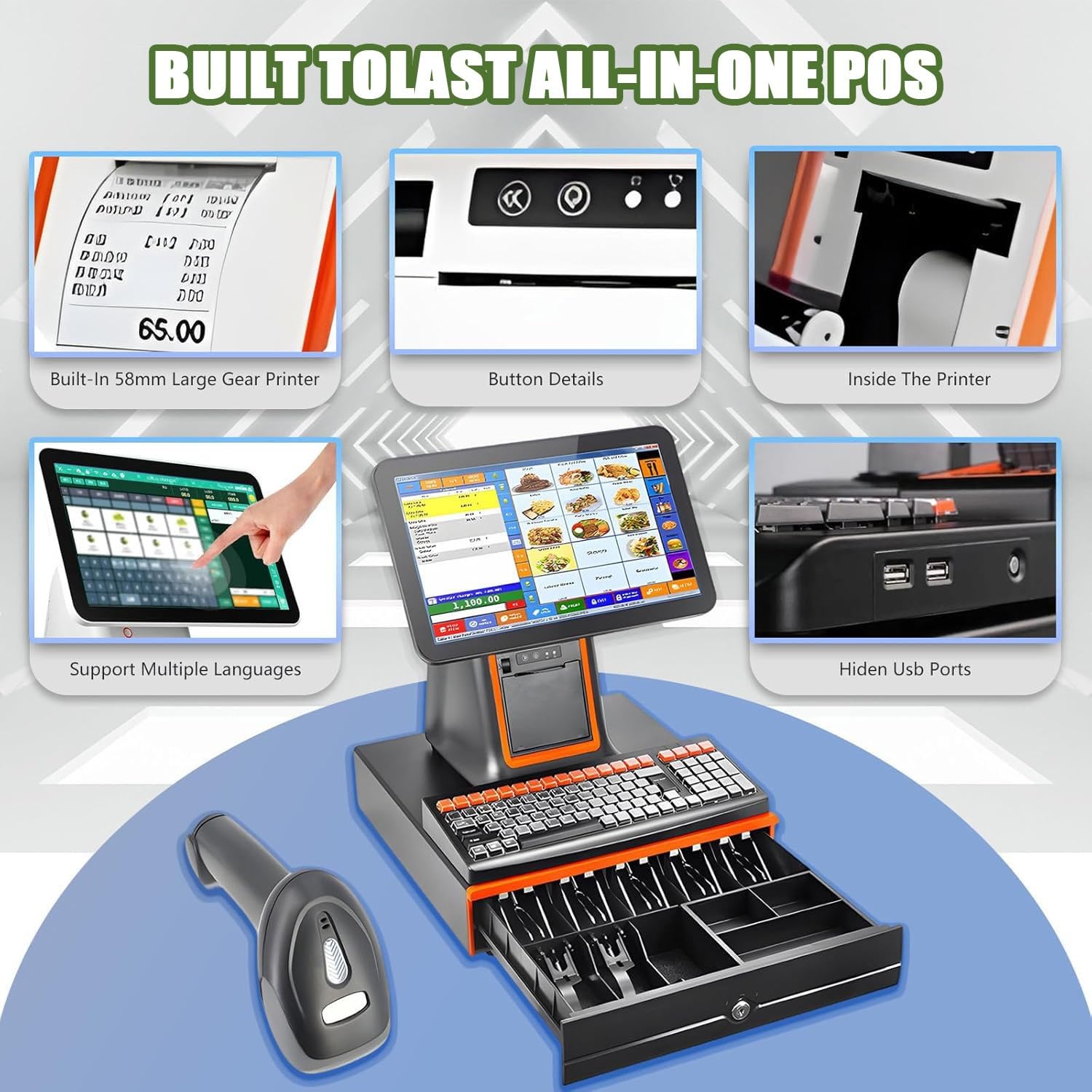 Sistema TPV Todo en uno con Impresora térmica integrada de 58 mm | Paquete completo de caja registradora con pantalla táctil, pantalla for el cliente, cajón efectivo y escáner