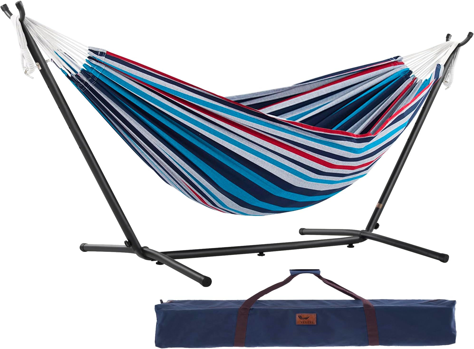 Vivere C9MESH-40 Blue/Orange Mesh Double Hammock with Space Saving Steel Stand