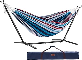 Vivere Double Cotton Hammock with Space Saving Steel Stand, Upgraded Polyester End Strings 450 lb Capacity - Premium Carry Bag Included - (Denim)