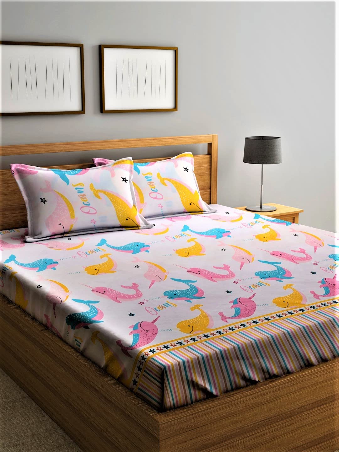 Home Sizzler 144 TC Kid’s Microfibre Kid’s Dolphin Pink Double Bedsheet with 2 King Size Pillow Covers offers donot miss