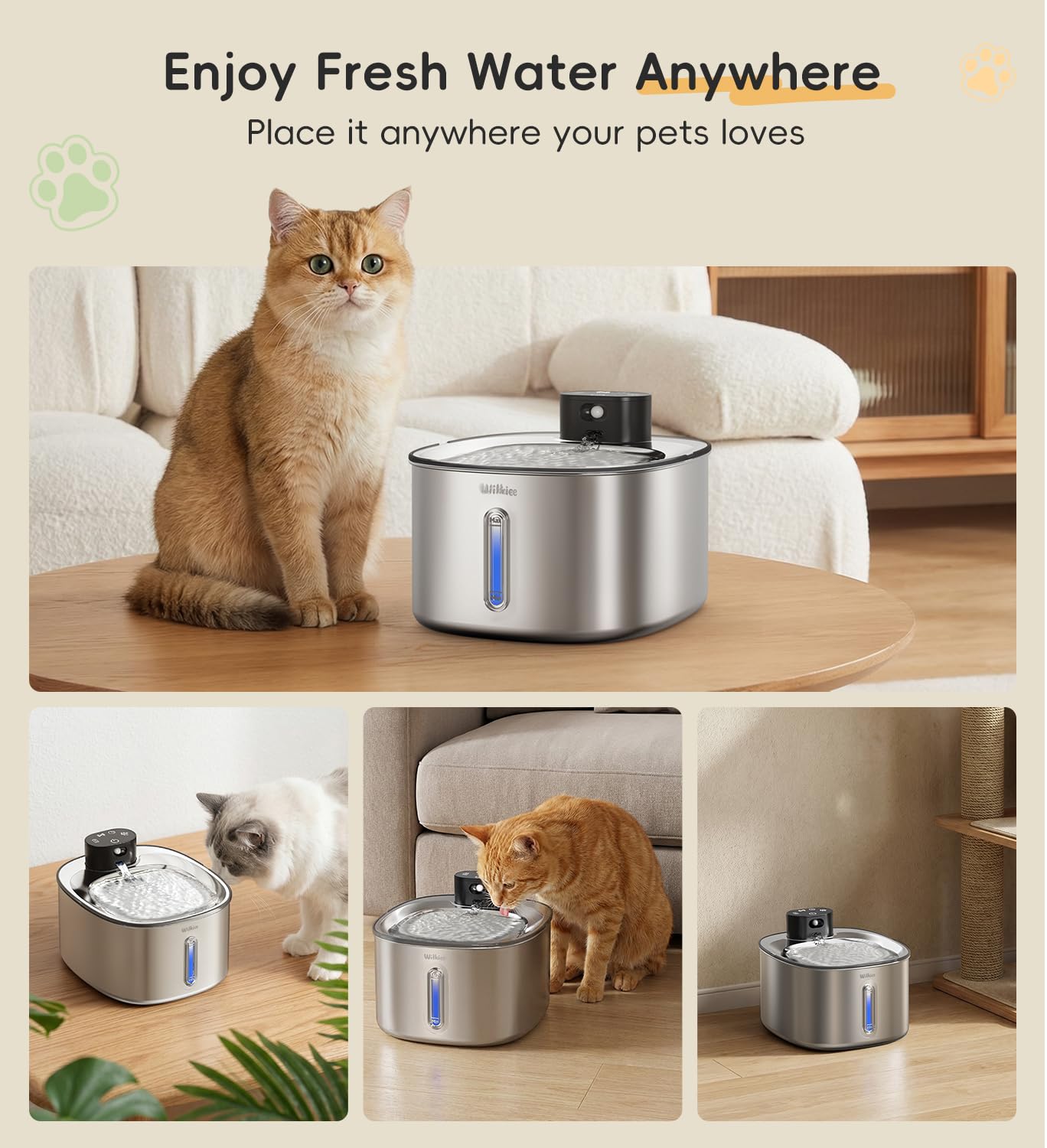 Fontana per gatti in acciaio inossidabile con 5 filtri, fontana per gatti da 4,2 l, funzionamento a batteria con sensore di movimento, dispenser di acqua per animali domestici senza fili, per gatti e