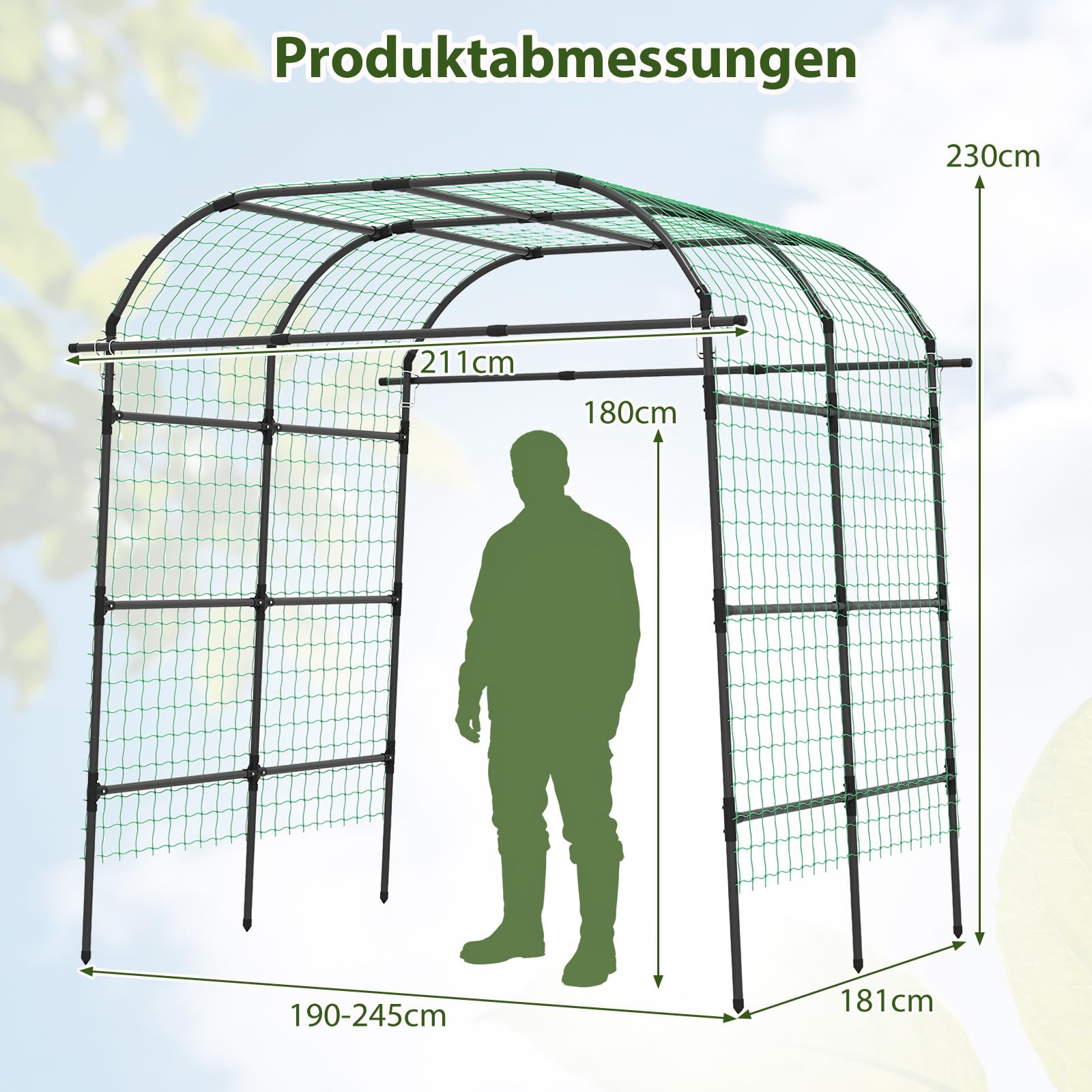 GOPLUS Rankgitter für Kletterpflanzen, 230cm hoch, Gartenbogen Metall mit verstellbare Breite, U-förmige Rankhilfe mit Netz & PE-beschichtet, Rosenbogen Pflanzengitter für Gurken, Blumen & Weinreben