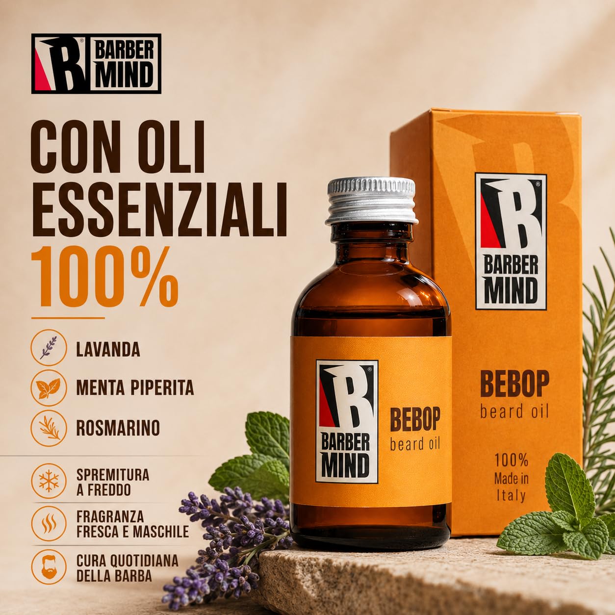 Barber Mind Bebop Olio da Barba Uomo, Beard Oil con Oli Essenziali di Lavanda, Menta Piperita e Rosmarino per Barba Morbida, Idratata e Profumata, Made in Italy, 50 ml
