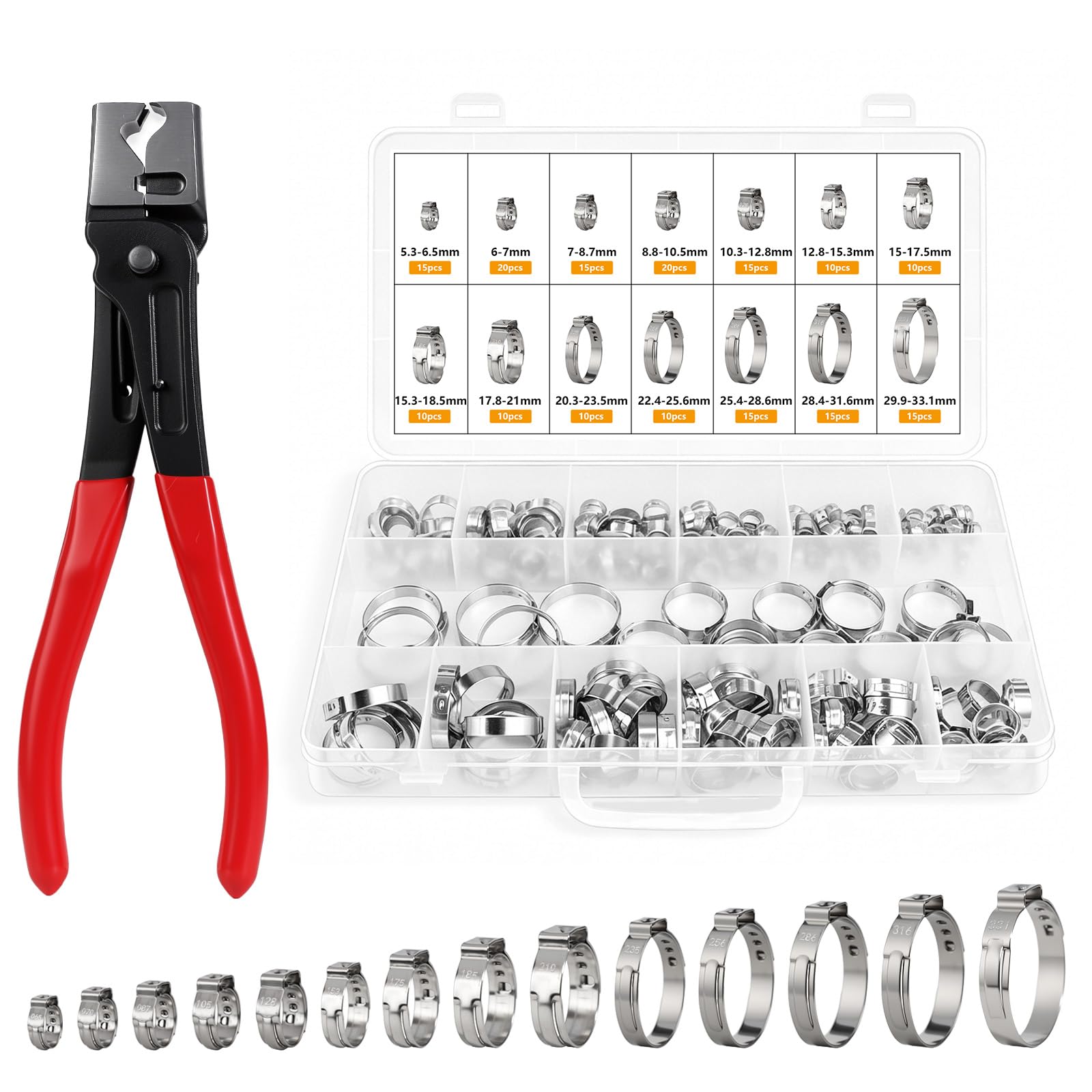 160PCS Einohr Schlauchschellen Set aus Edelstahl Schlauchklemmenzange – 14 Größen (5,3–33,1 mm) für Auto, Haushalt, Garten & Sanitär