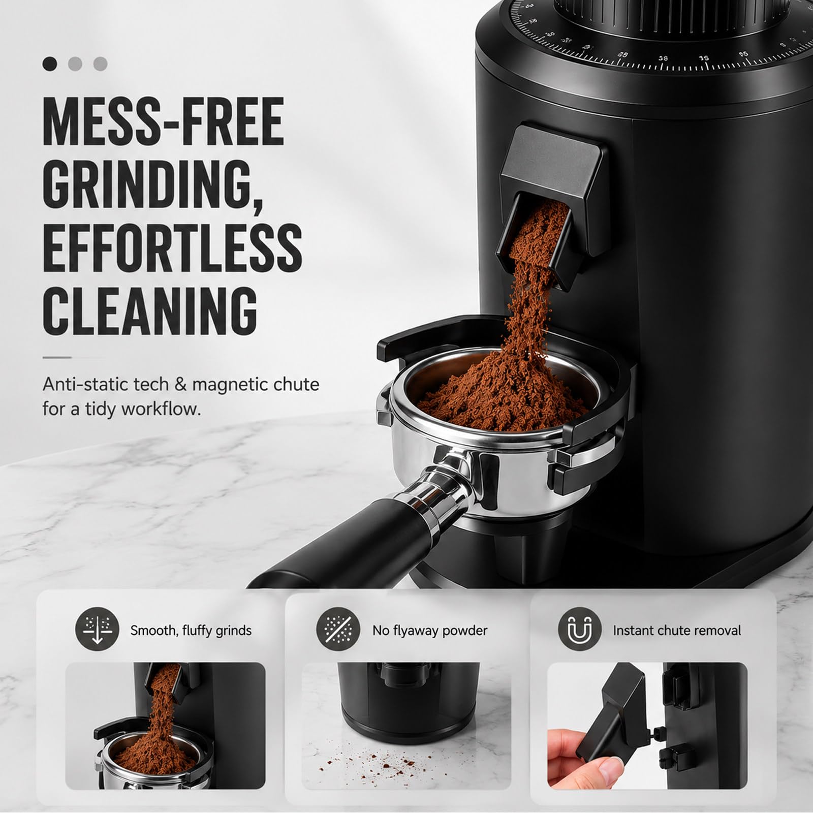 Młynek burr single dose elektryczny espresso – 80mm płaskie żarna, mikroregulacja, niska retencja, szybkie czyszczenie, metal, French press & dom Silver