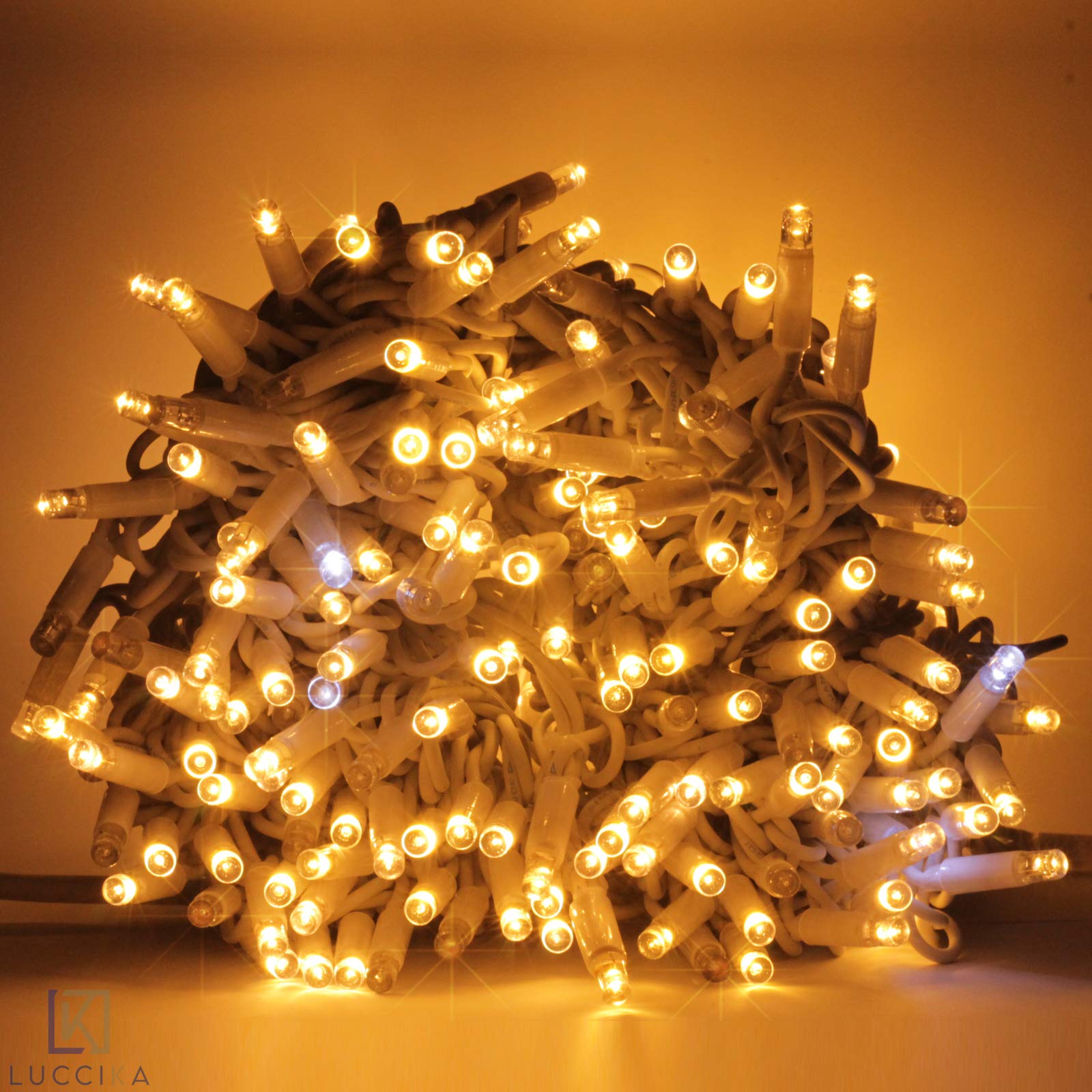 Luccika Stringa Catena di luci Natale a LED Professionale, MaxiLed da 8mm, Flash, per Giardini Negozi Bar, Esterno (Bianco Caldo con Flash Bianco Ghiaccio, 30 Metri - 300 LED)