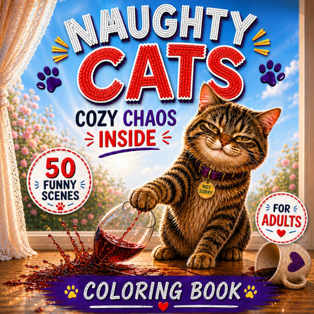 Naughty Cats : Cozy Chaos Coloring Book for Adults: Funny, Relatable and Mischievous Cat Life Scenes for Stress Relief and Relaxation – Perfect Gift for Cat Lovers