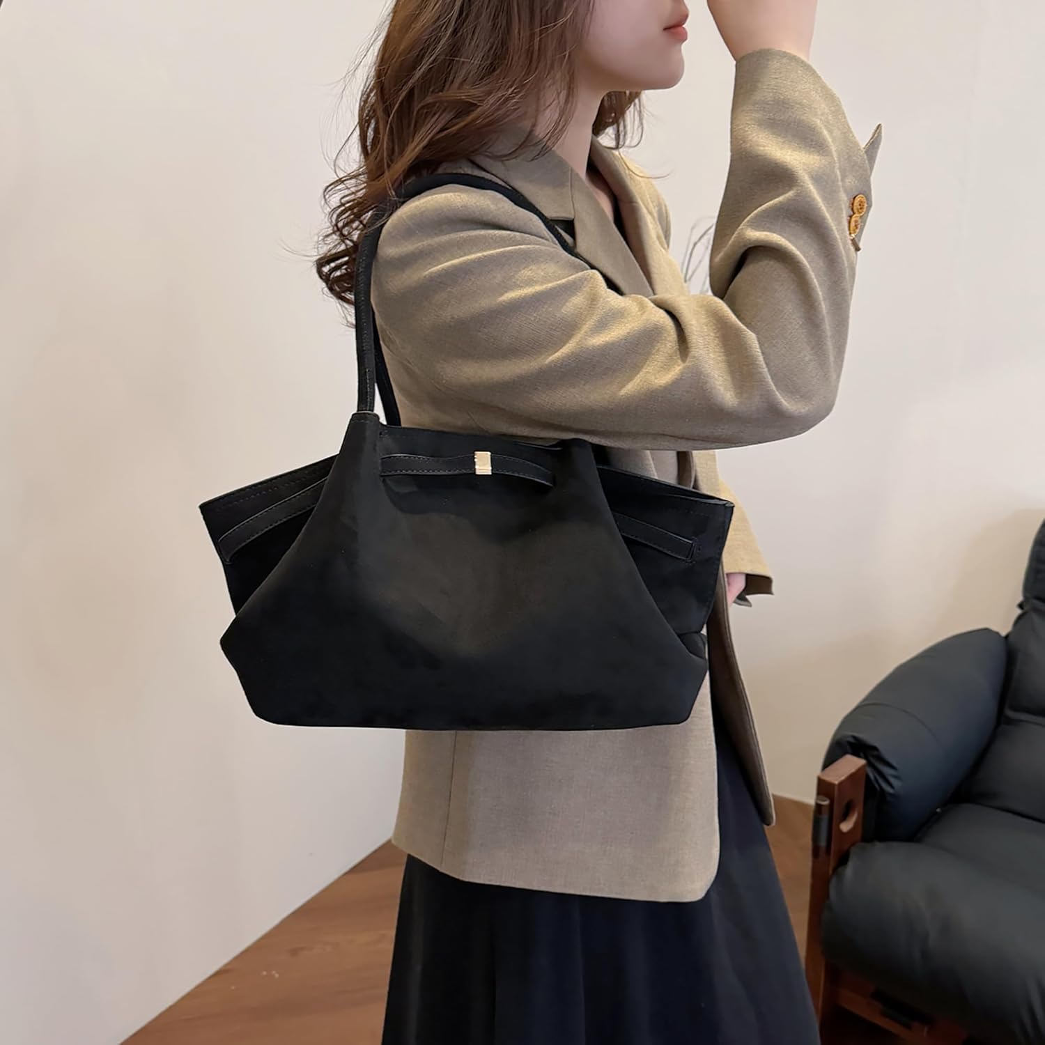 Makukke Faux Suede Tote Bag for Women, Hobo Handbag Women Vintage Shoulder Bag Purse for Work Office Travel - Image 2