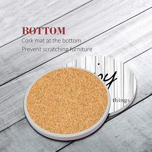 Miniatura 2 de Britimes Juego de 6 posavasos para bebidas, mesa de madera vieja blanca, absorbente, redonda, cerámica, con base de corcho y soporte de metal,