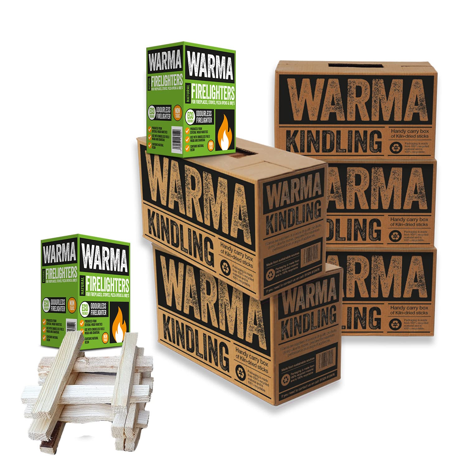5 Large Boxes Warma Kiln Dried Kindling & 2 Boxes Warma Eco Wood Wool Firelighters Firestarter Camping Bundle - Suitable for Lighting BBQ Barbecue Fire Pit Stoves & Open Fires