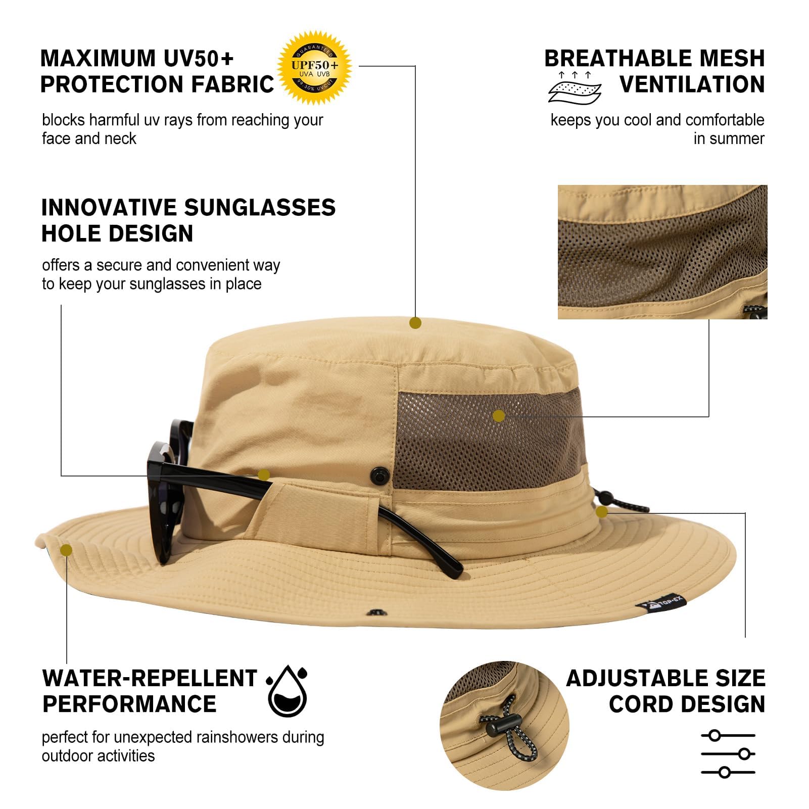 TOP-EX Chapeau de soleil à large bord pour homme avec verrouillage de lunettes de soleil UPF 50 Chapeau d'été avec rabat de cou imperméable pour la pêche en plein air Safari Chapeau pliable XL/XXL