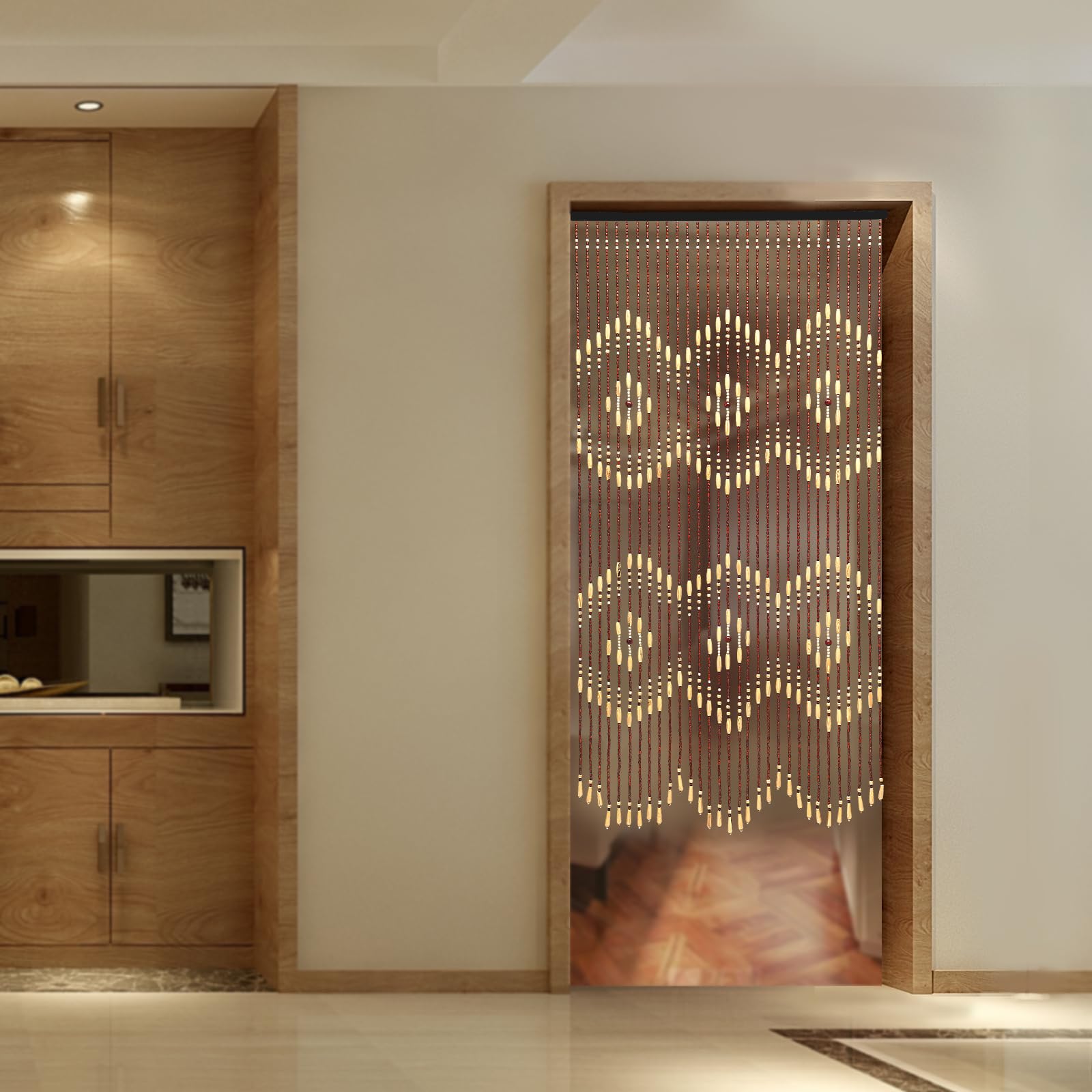 Rideau de porte en perles - Rideau à perles en bambou et perles en bois - 90 x 175 cm (l x H) - Convient pour fenêtre, maison, chambre à coucher - Beige