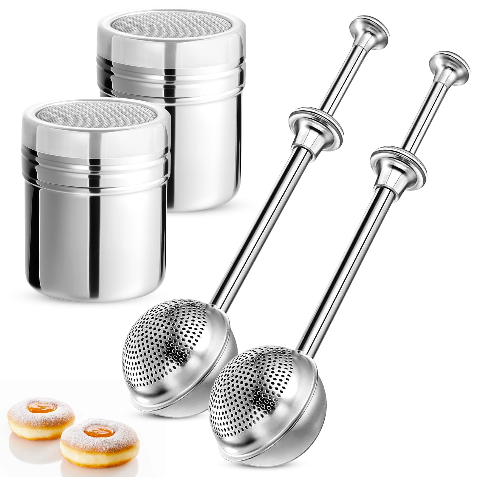 4 Pack Powdered Sugar Shaker Duster, Stainless Steel Cinnamon Sugar Shaker &amp; Flour Duster Set, Spring Flour Sifter for Sugar Flour and Spices