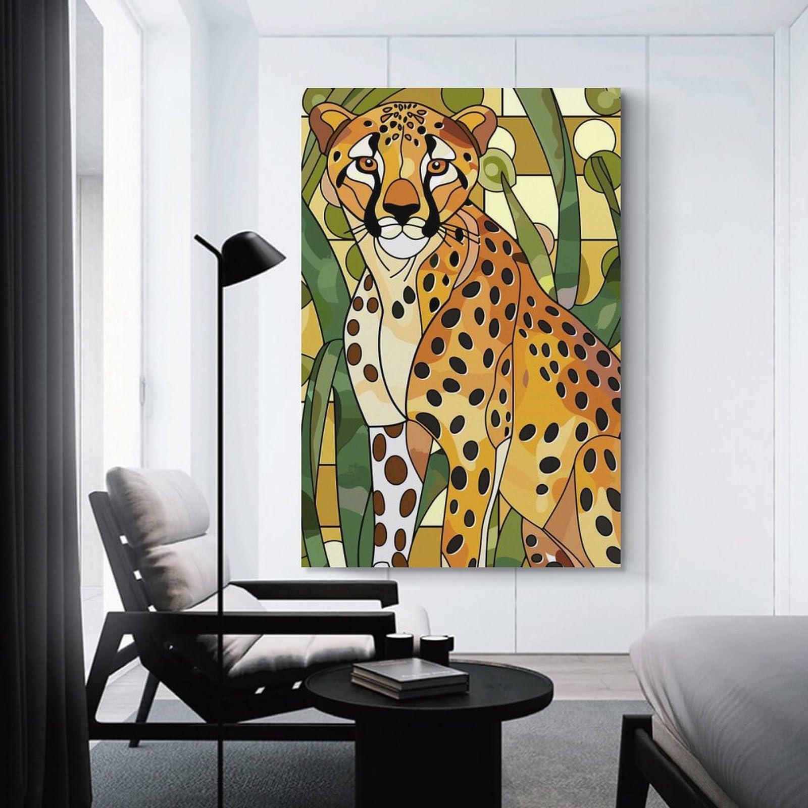 Junmoney Stained Glass Cheetah Portrait Canvas Wall Decor, 16x24inch(40x60cm), for Gallery Wall Decor And Room Displays, Wall Decor Suited to Curated Displays