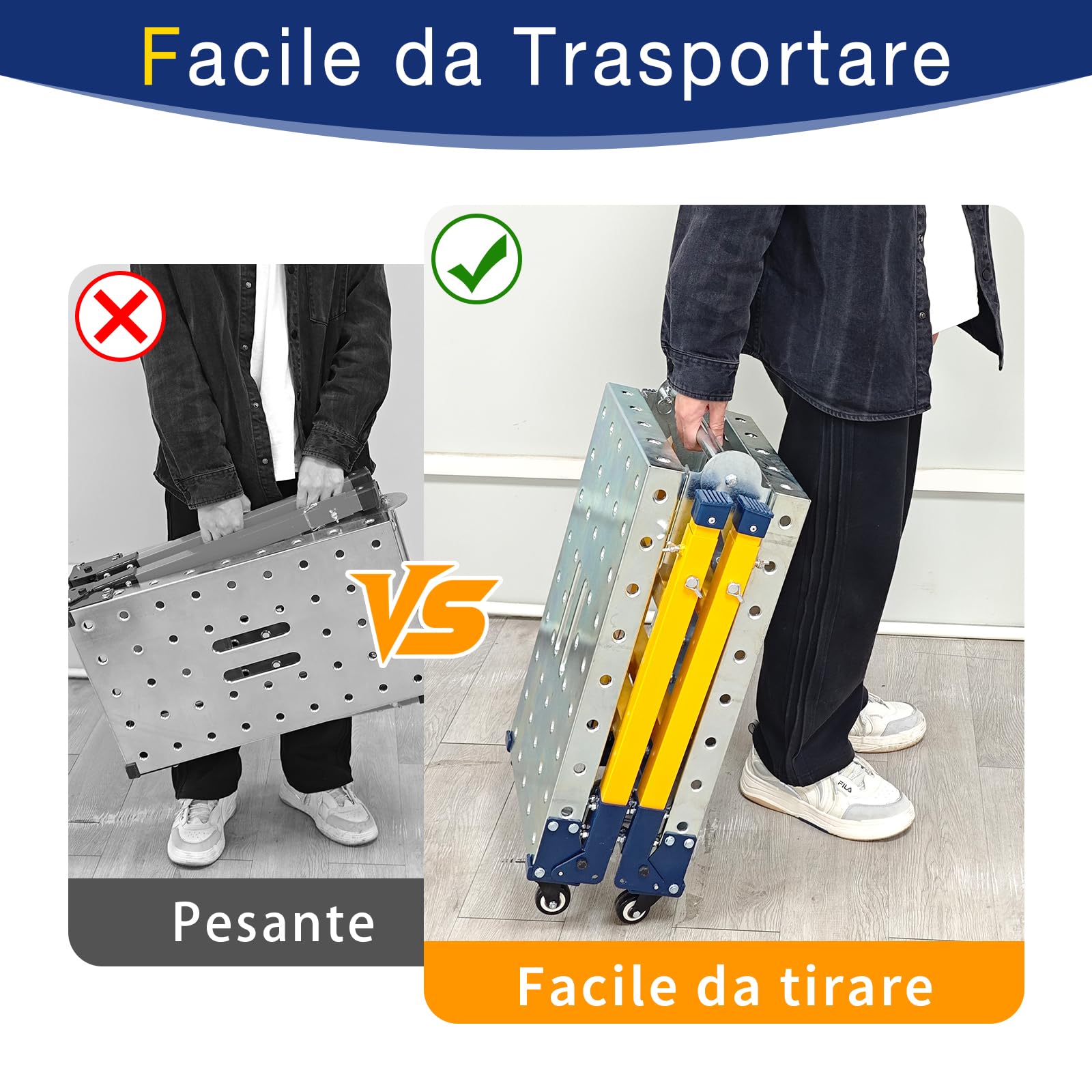 VKE Piattaforma da Lavoro 120 × 36 × 90 CM in Lamiera Zincata, 500 KG Portata, Trabattello Portatile, Piedini Antiscivolo, Tavolo da Lavoro Pieghevole,con 4 Ruote Universali