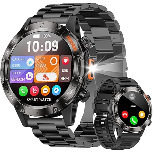 BRUBOSES Smart Watches for Men,Military Rugged Men Smartwatch, Stainless Steel Body, IP68 Waterproof, 30-Day Long Standby, Answer/Make Call, 1.43" HD Screen, Compatible for Android iOS(2 Bands)