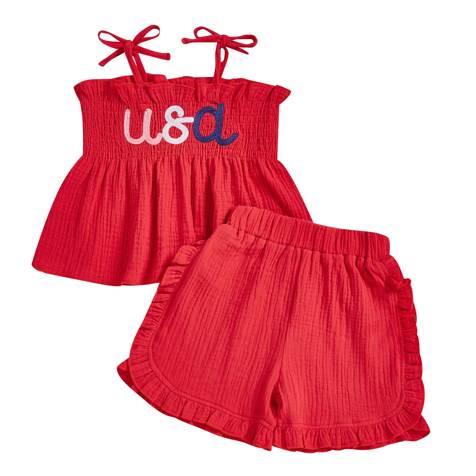 Kayotuas 4th Of July Toddler Girl Outfit Smocked Summer Clothes Usa Spaghetti Strap Tank Top Dress Ruffle Shorts 2 Piece Set (Red, 4-5T)
