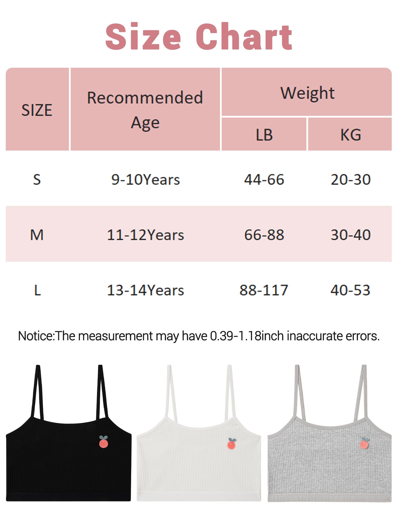 SEAUR Mädchen Tank Top Sommer Spaghettiträgern 3er-Pack Baumwolle Bustier Mädchen Sport BH ohne Polster Bequeme