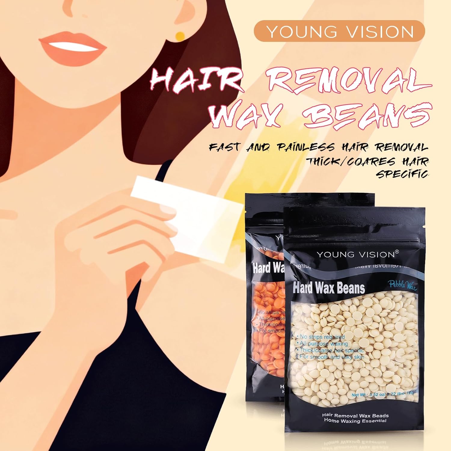 YOUNG VISION Hard Wax Beads for Hair Removal, 2.2lbs 1000g Refill Waxing Beads for Sensitive Skin Women, Face, Brazilian, Bikini, Body, Soft and Painless Waxing Beans, 10 Packs, Multi Color